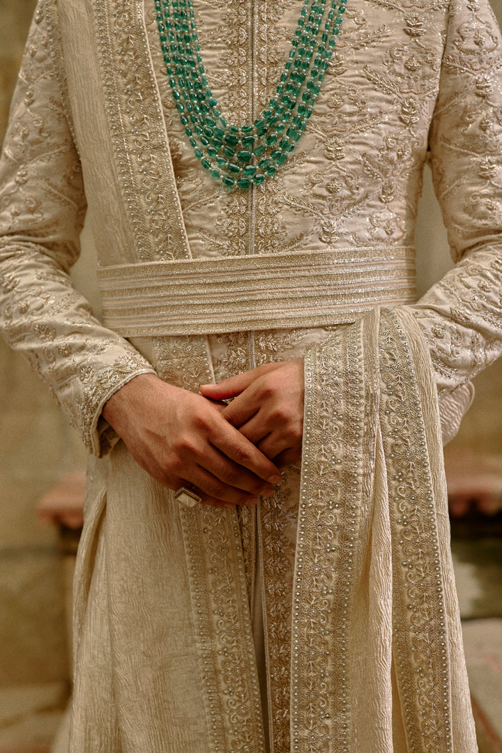 Linen Silk Brocade Zardozi Sherwani Set