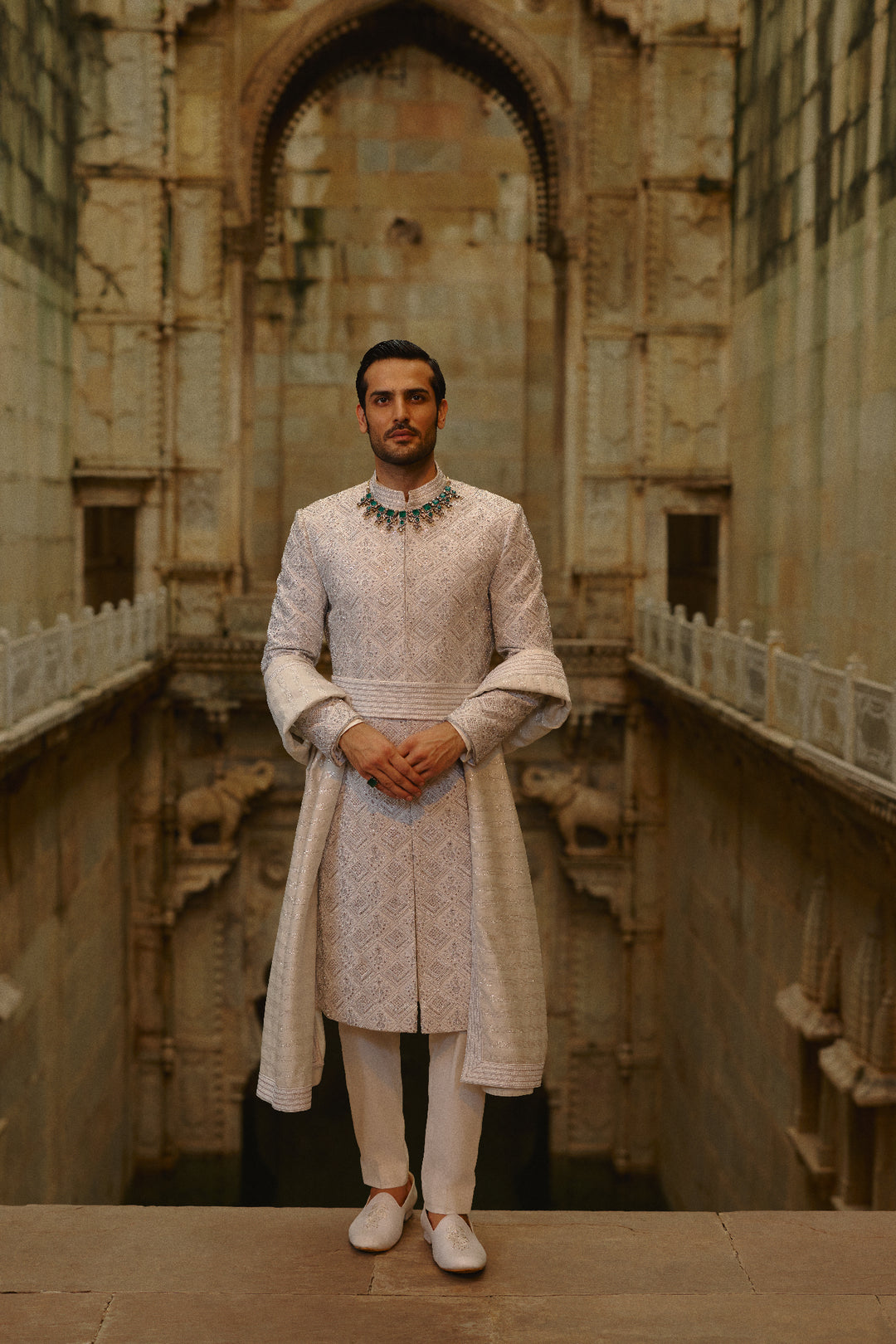 Grey Silver Embroidered Sherwani Set