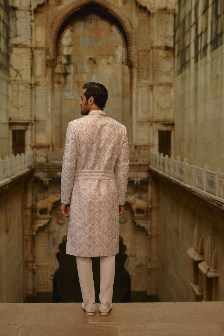 Grey Silver Embroidered Sherwani Set