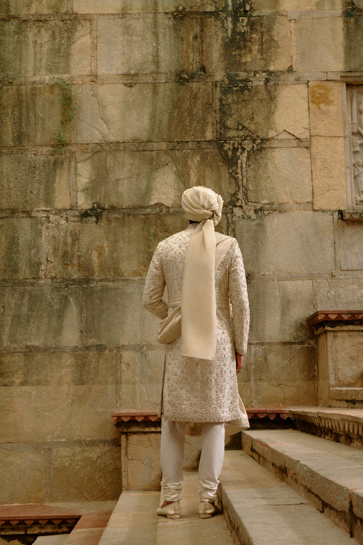 Linen Silk Brocade Zardozi Sherwani Set