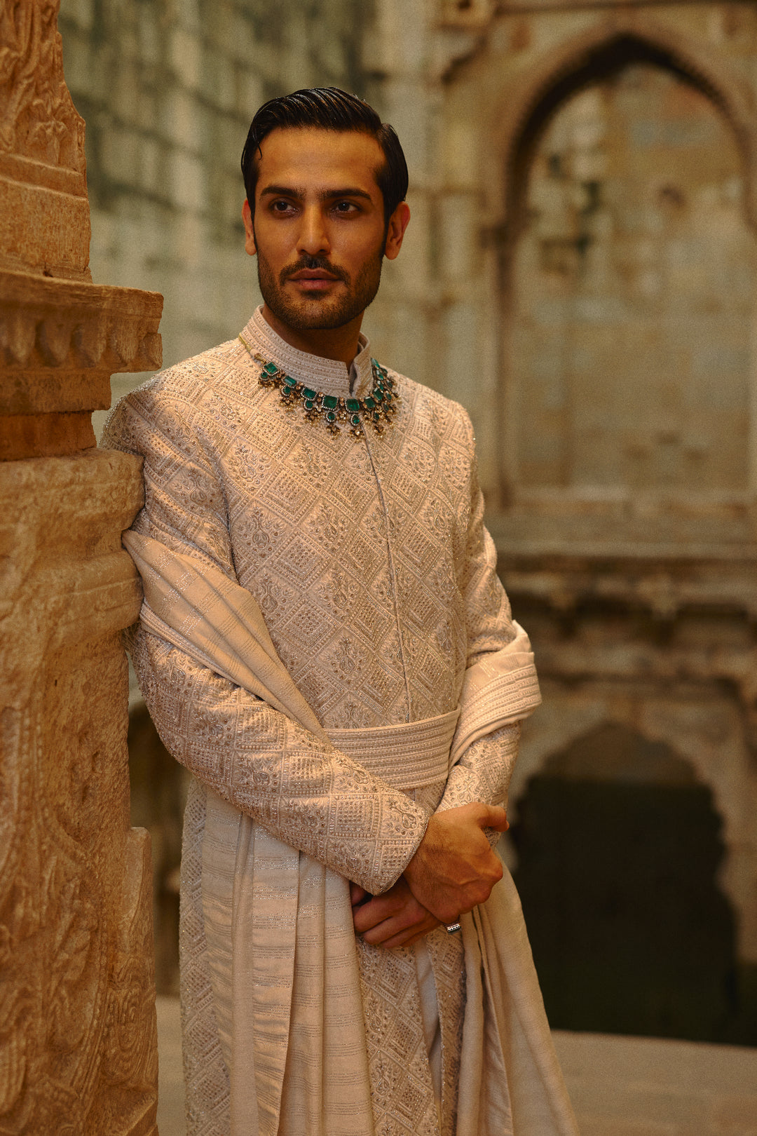 Grey Silver Embroidered Sherwani Set