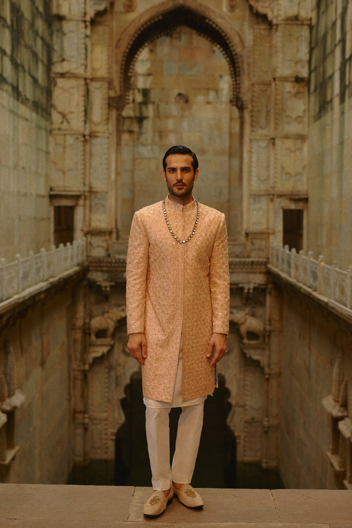 Peach Geometric Sherwani With Kurta & Trouser Set