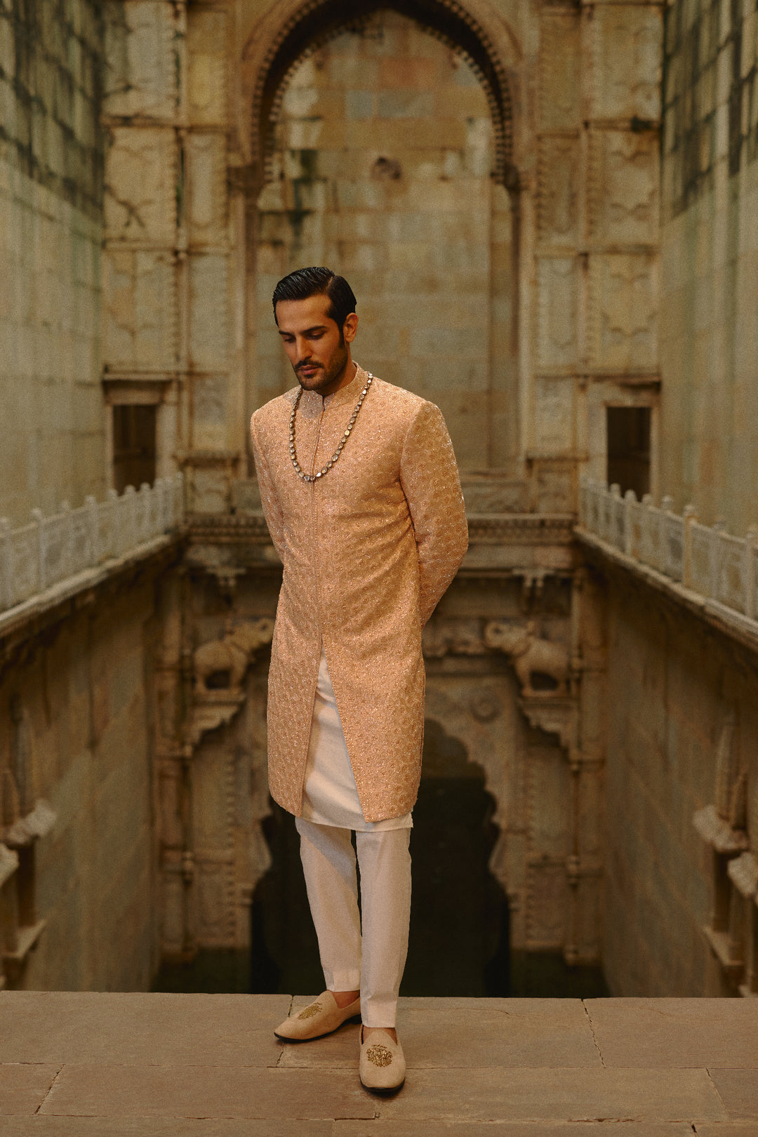 Peach Geometric Sherwani With Kurta & Trouser Set