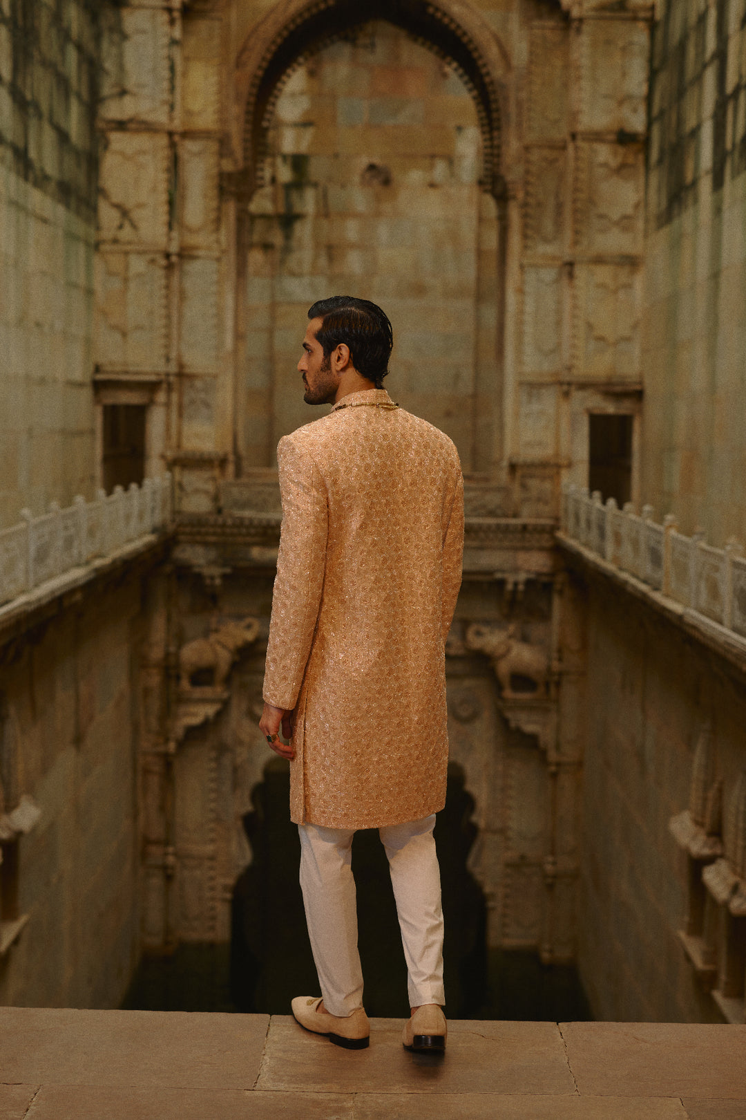 Peach Geometric Sherwani With Kurta & Trouser Set