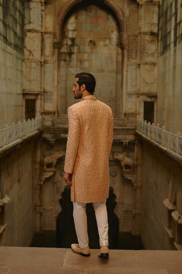 Peach Geometric Sherwani With Kurta & Trouser Set