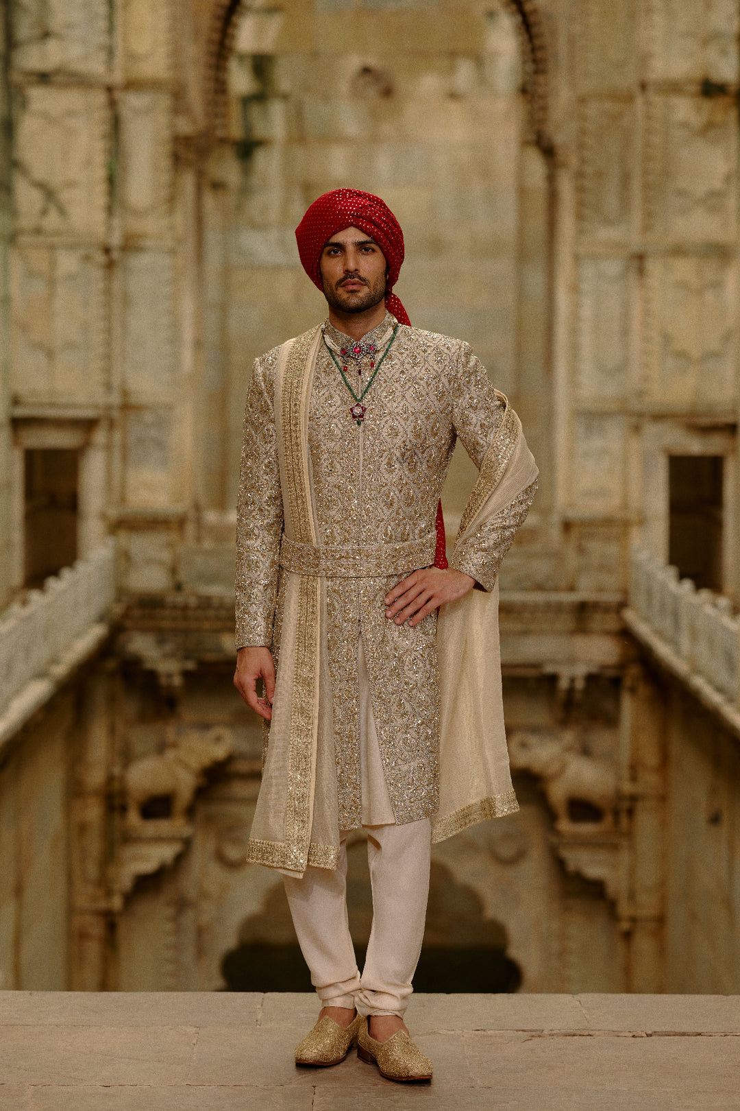 Gold Sherwani Zardozi Embroidery Set