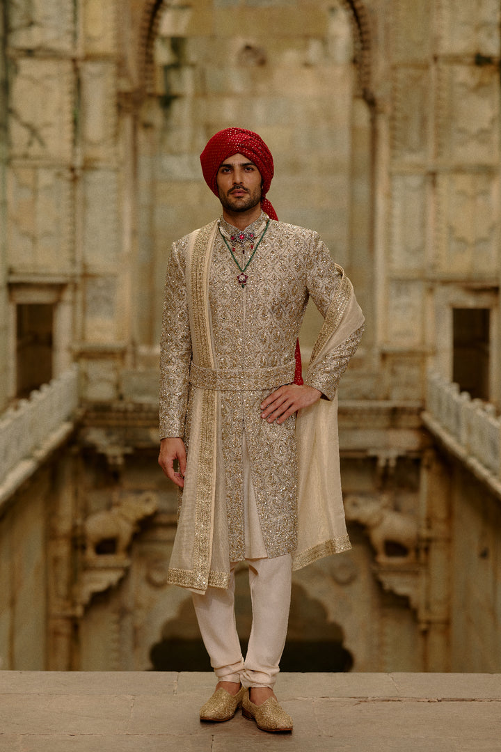 Gold Sherwani Zardozi Embroidery Set