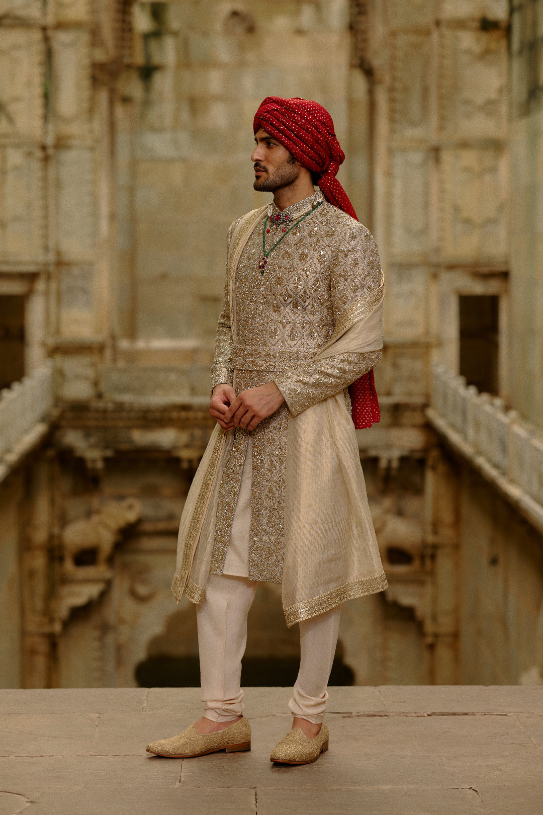 Gold Sherwani Zardozi Embroidery Set
