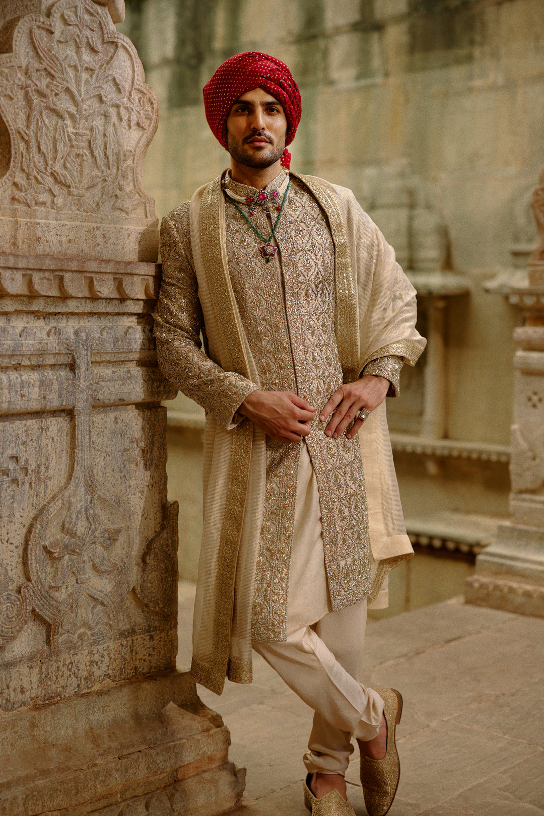 Gold Sherwani Zardozi Embroidery Set