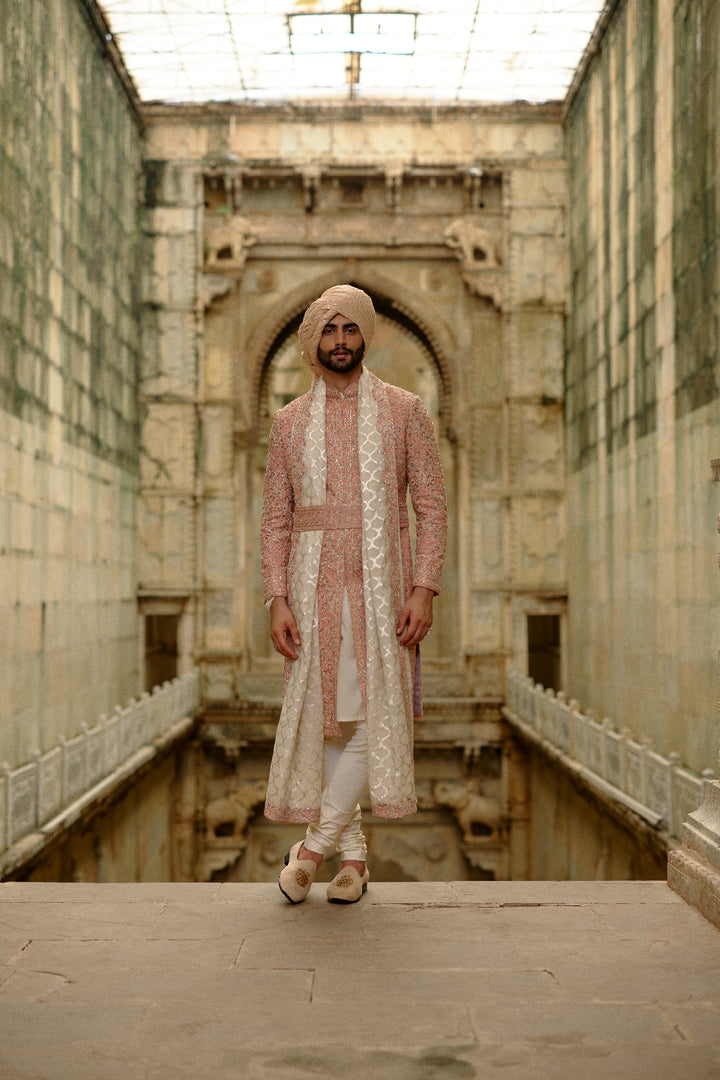 Pink Salmon Matka Sherwani With Beige Kurta Churidar Set