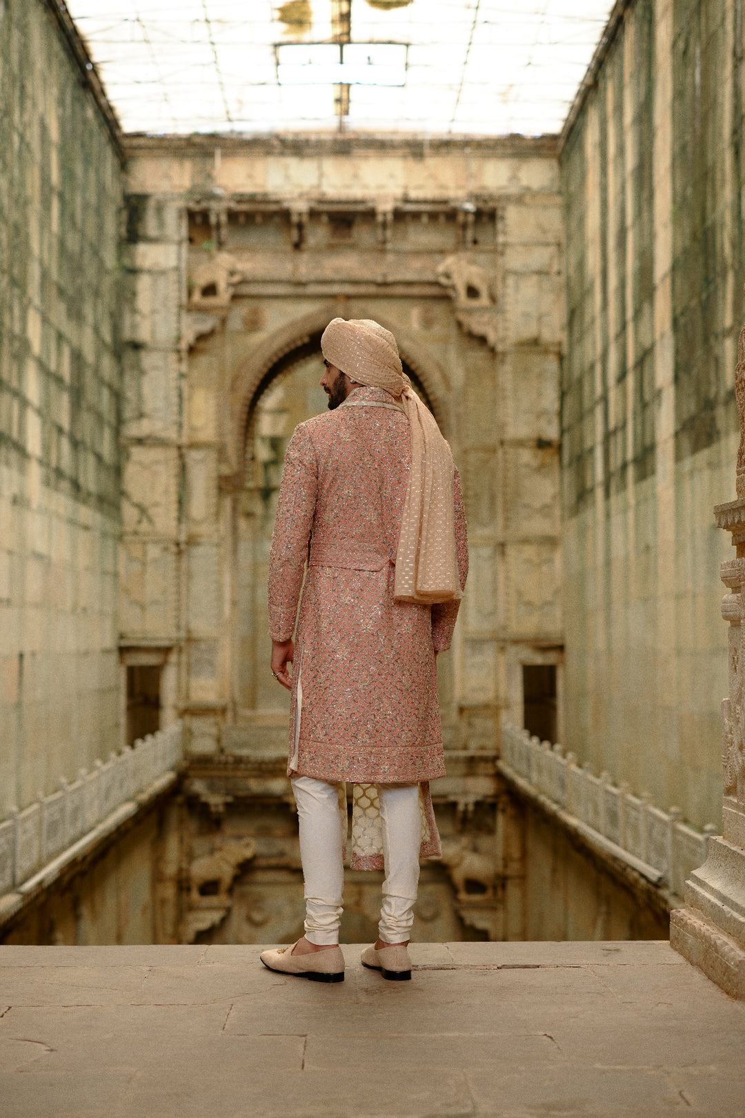 Pink Salmon Matka Sherwani With Beige Kurta Churidar Set