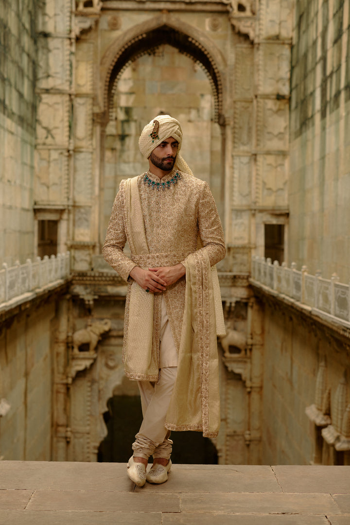 Gold Woven Banarasi Sherwani Set