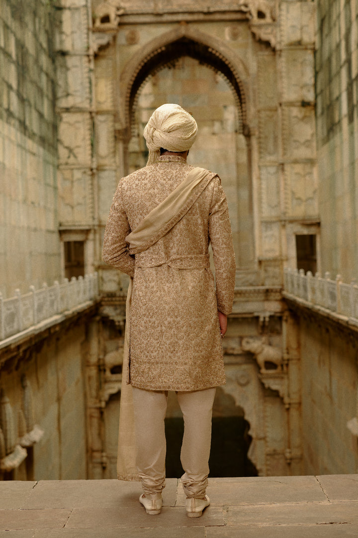 Gold Woven Banarasi Sherwani Set