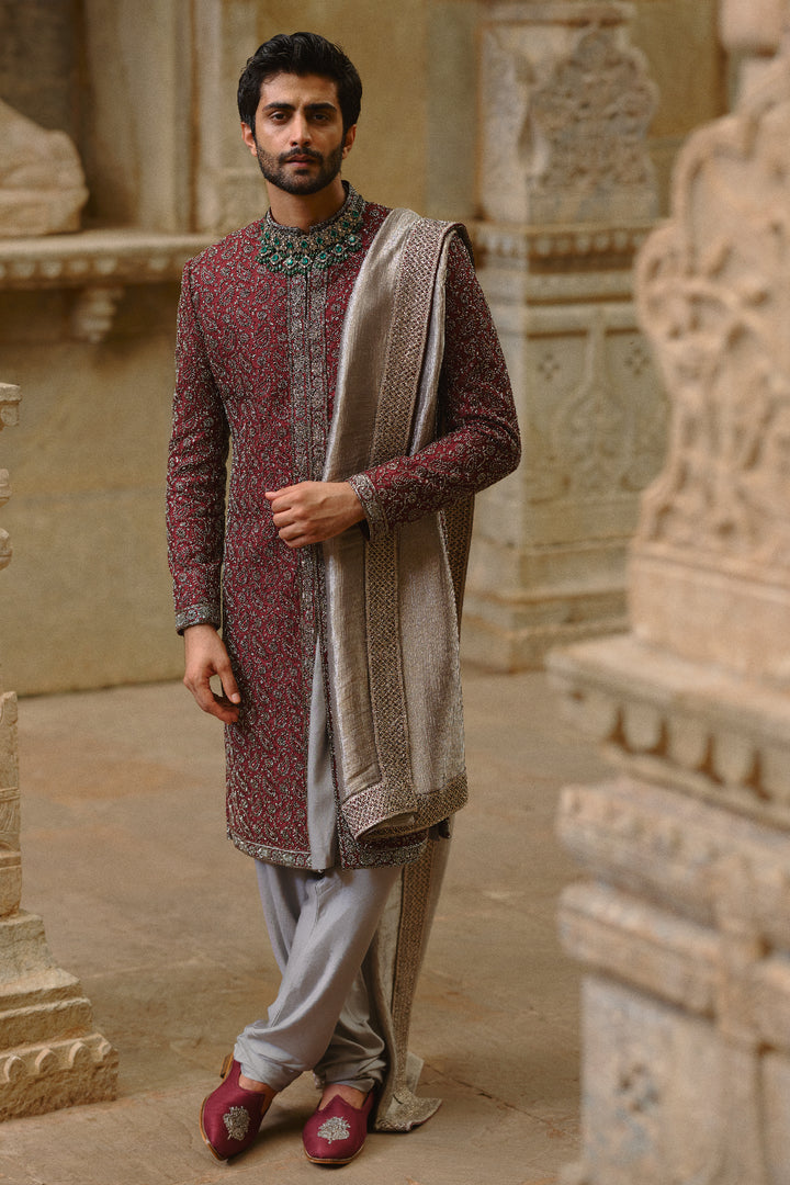 Burgundy Raw Silk Sherwani Set
