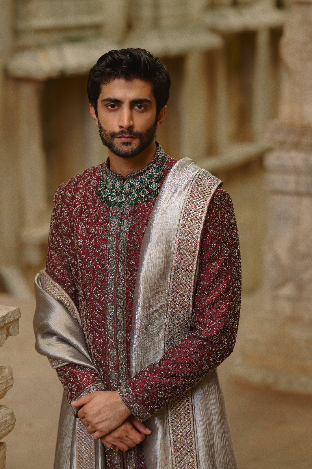 Burgundy Raw Silk Sherwani Set