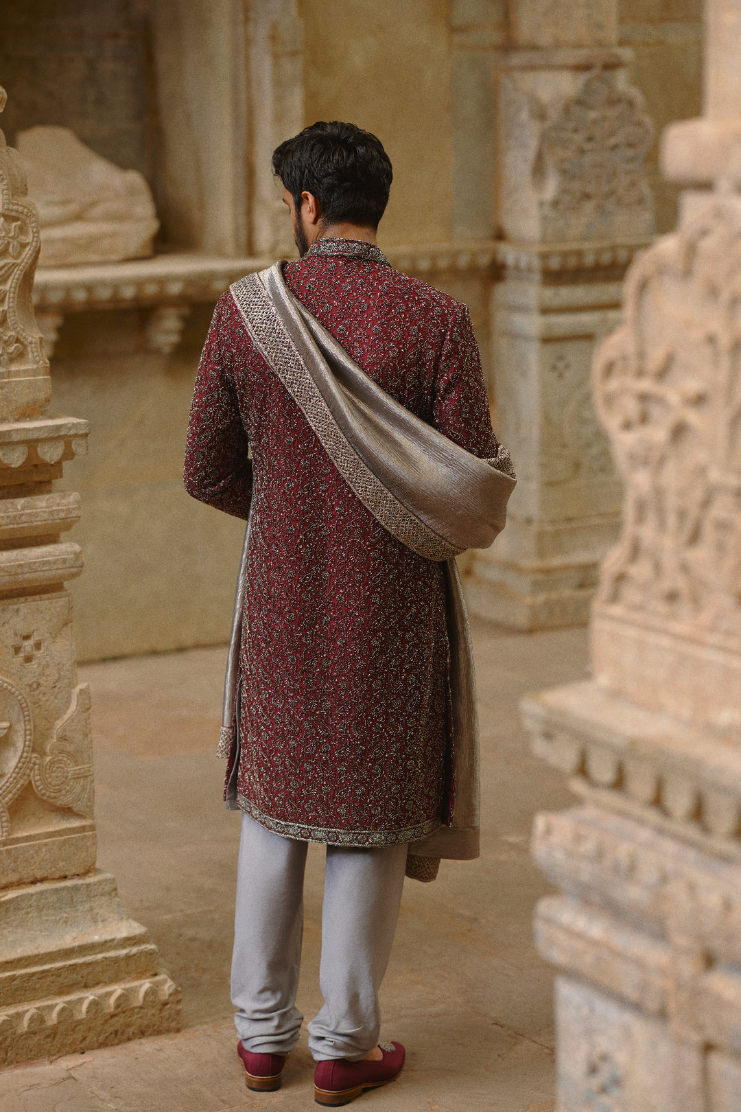 Burgundy Raw Silk Sherwani Set