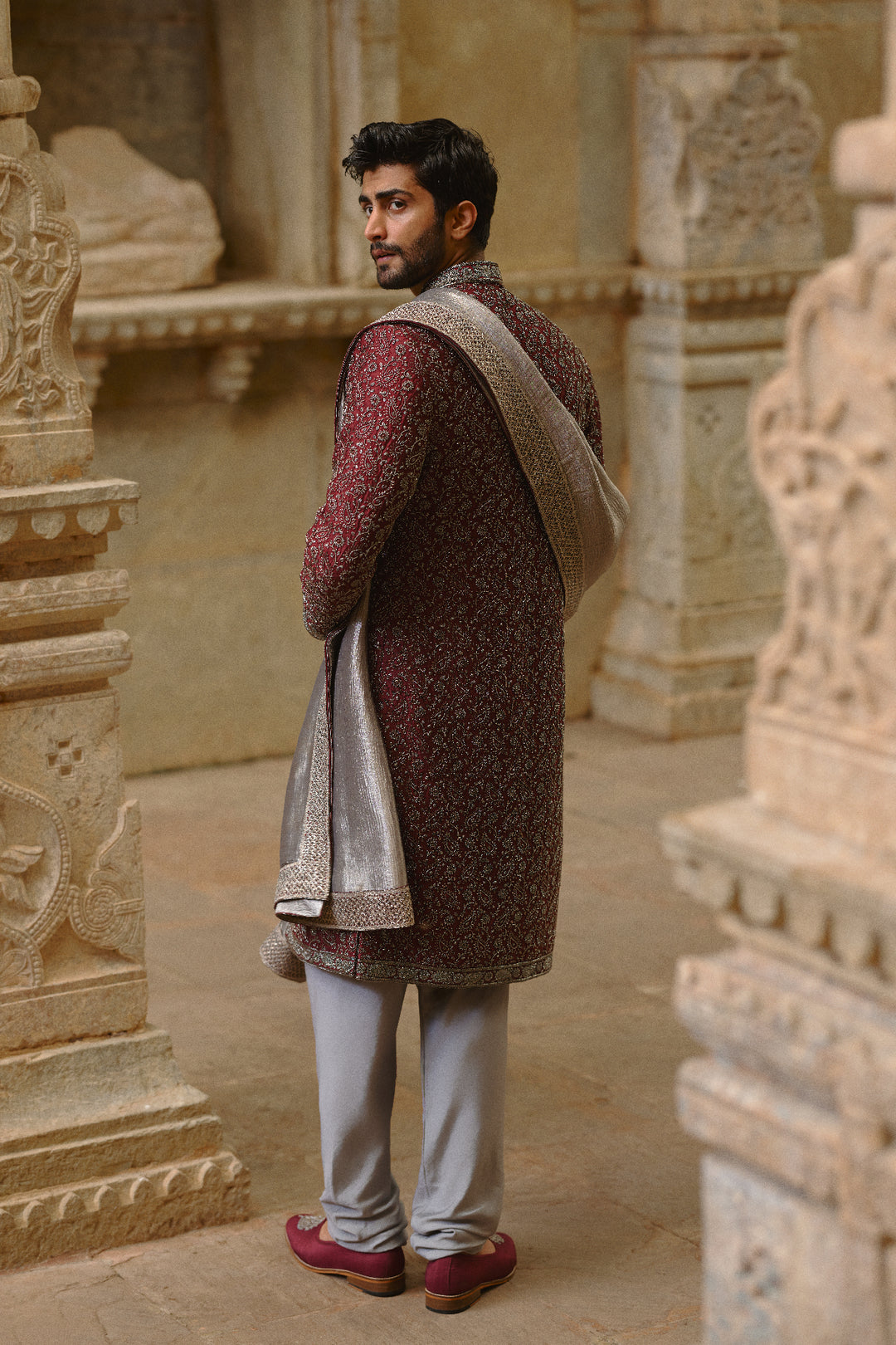 Burgundy Raw Silk Sherwani Set