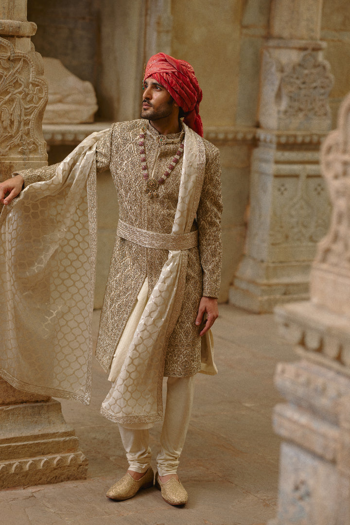 Gold Twill Woven Sherwani Gold Embroidery