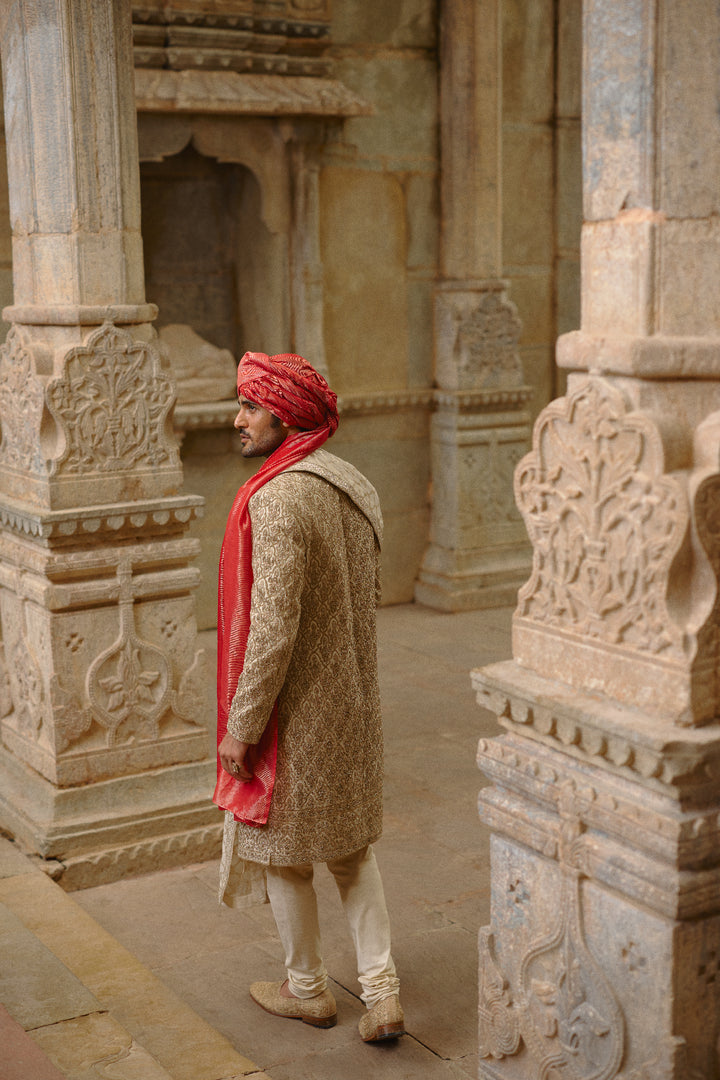 Gold Twill Woven Sherwani Gold Embroidery