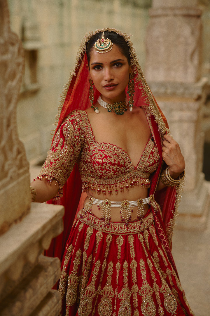 Red Dori Work Lehenga