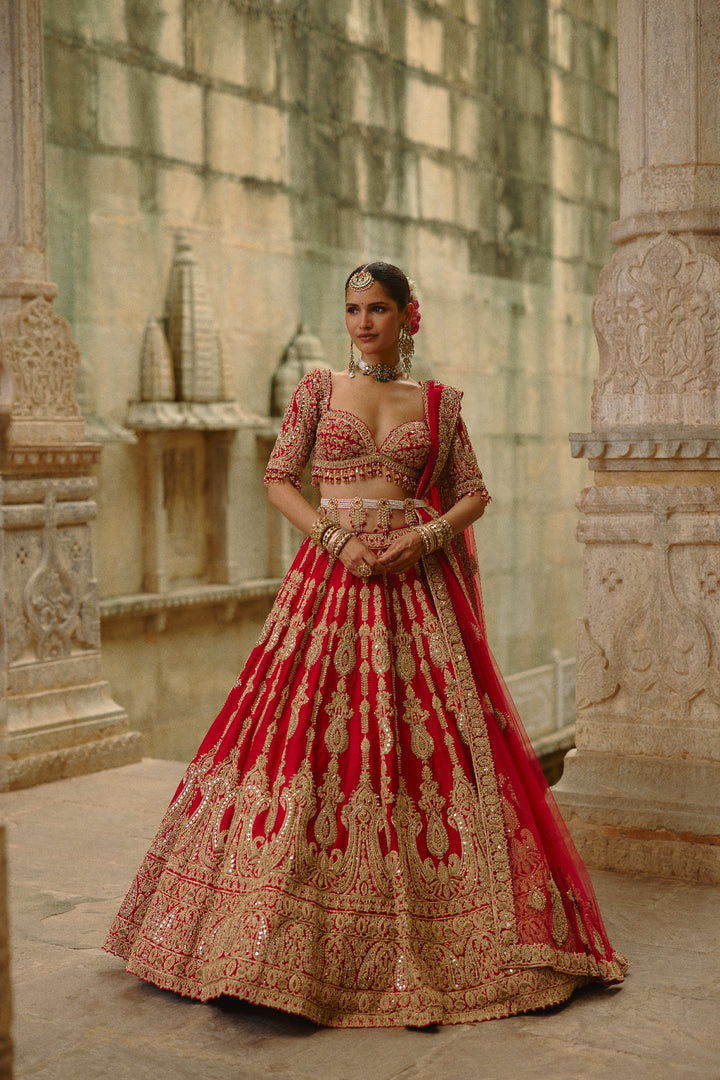 Red Dori Work Lehenga