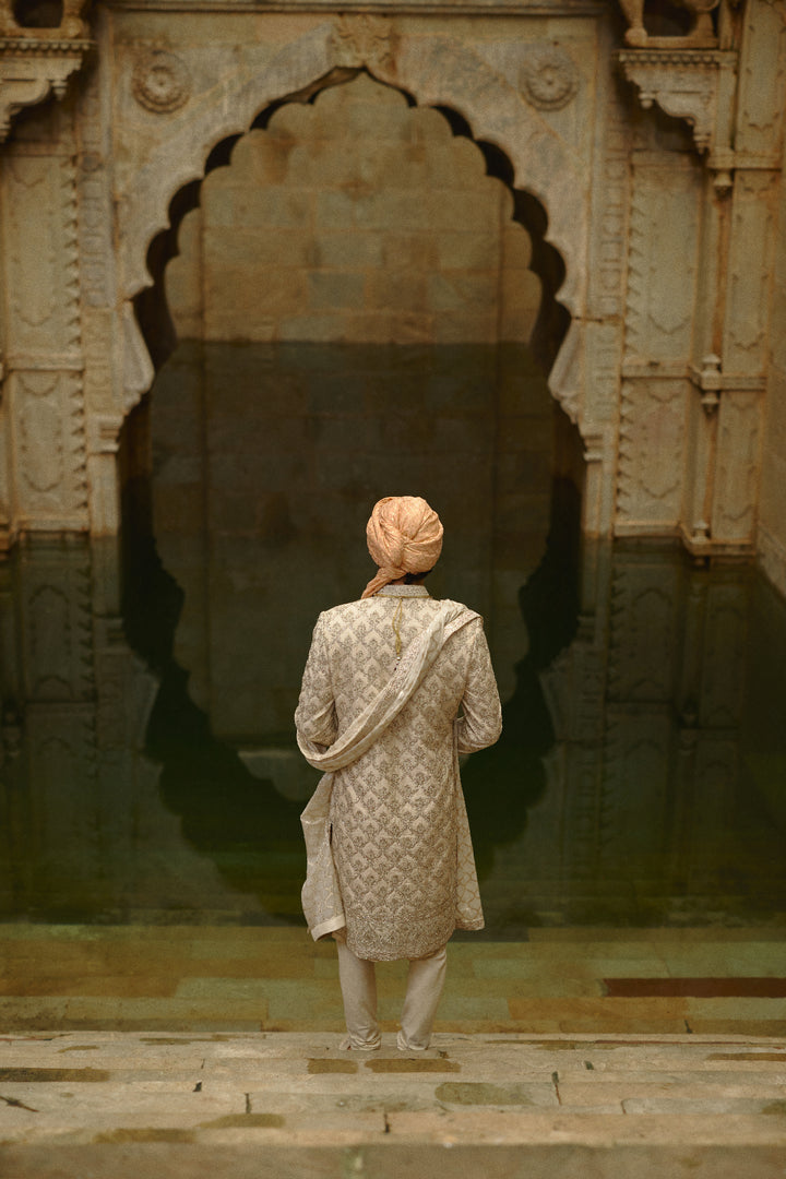 Ivory Tafetta Silk Dabka Jaal Sherwani Set
