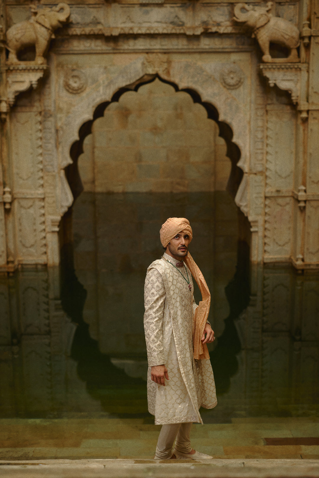 Ivory Tafetta Silk Dabka Jaal Sherwani Set