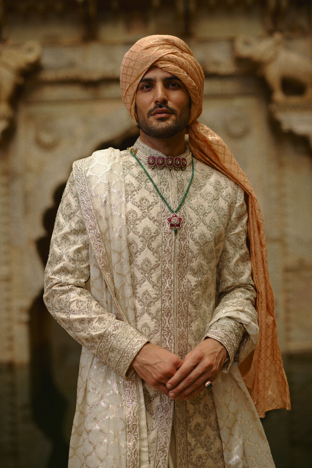 Ivory Tafetta Silk Dabka Jaal Sherwani Set
