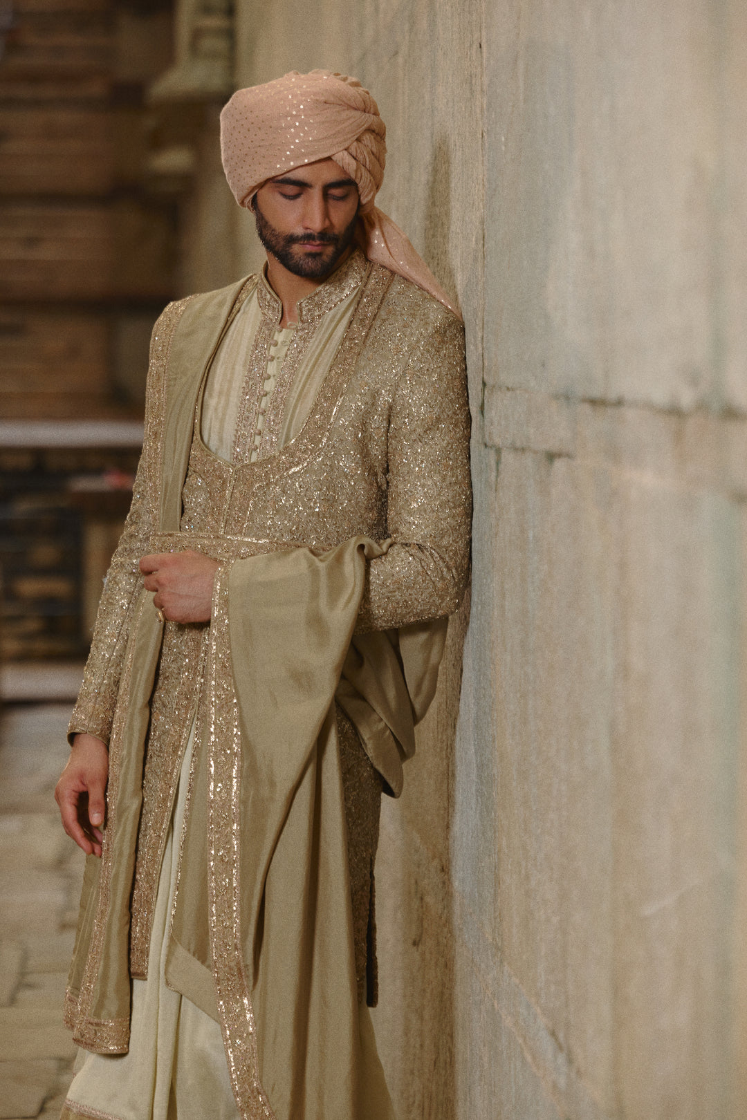 Olive Green Raw Silk Sherwani With Choga Set