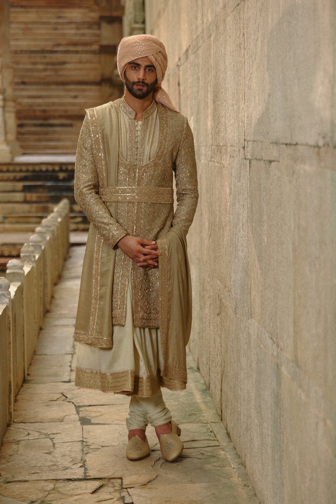 Olive Green Raw Silk Sherwani With Choga Set