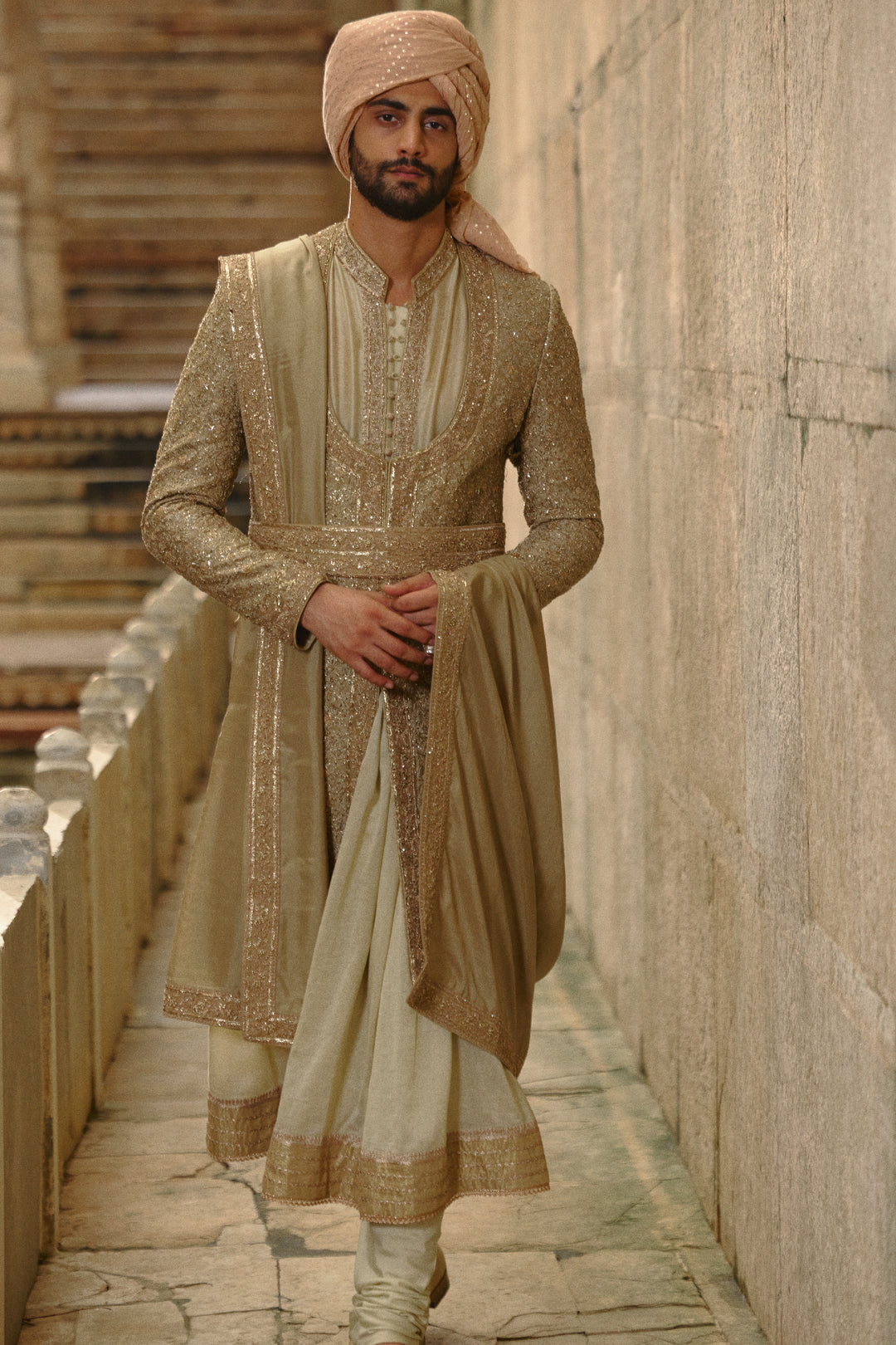 Olive Green Raw Silk Sherwani With Choga Set