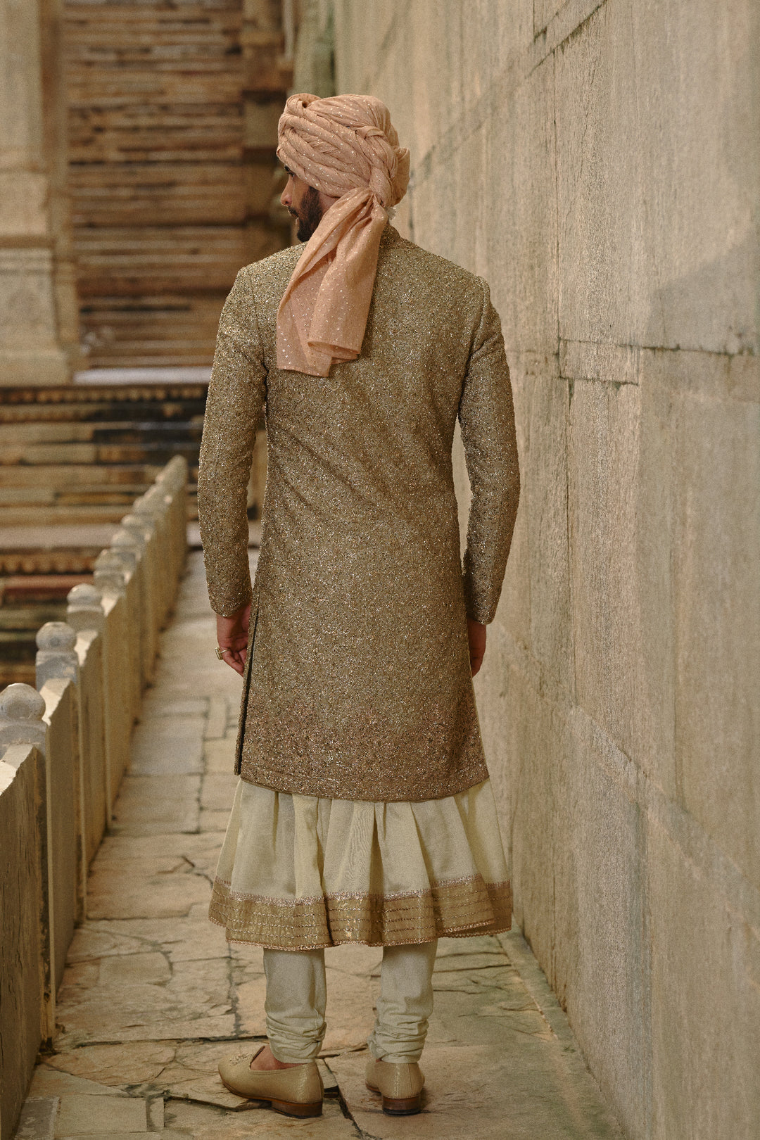 Olive Green Raw Silk Sherwani With Choga Set