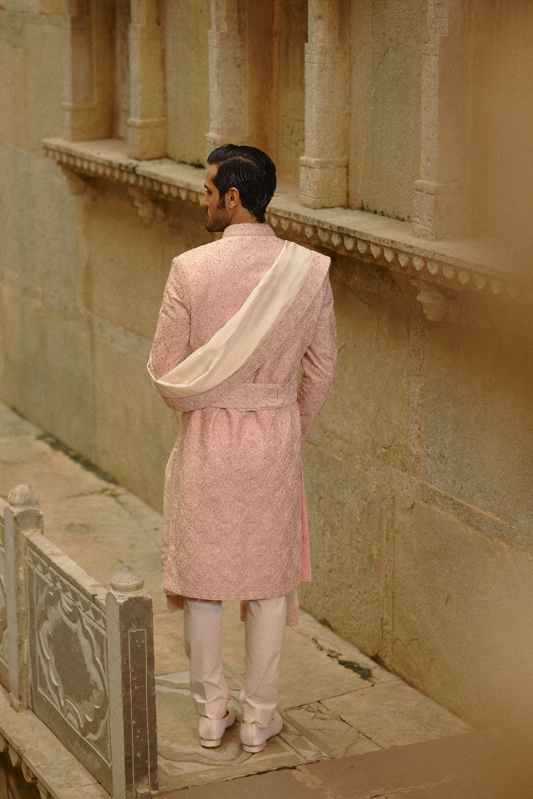 Blush Pink Tafetta Silk Sherwani Set