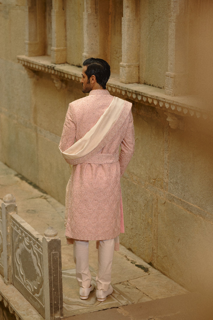 Blush Pink Tafetta Silk Sherwani Set