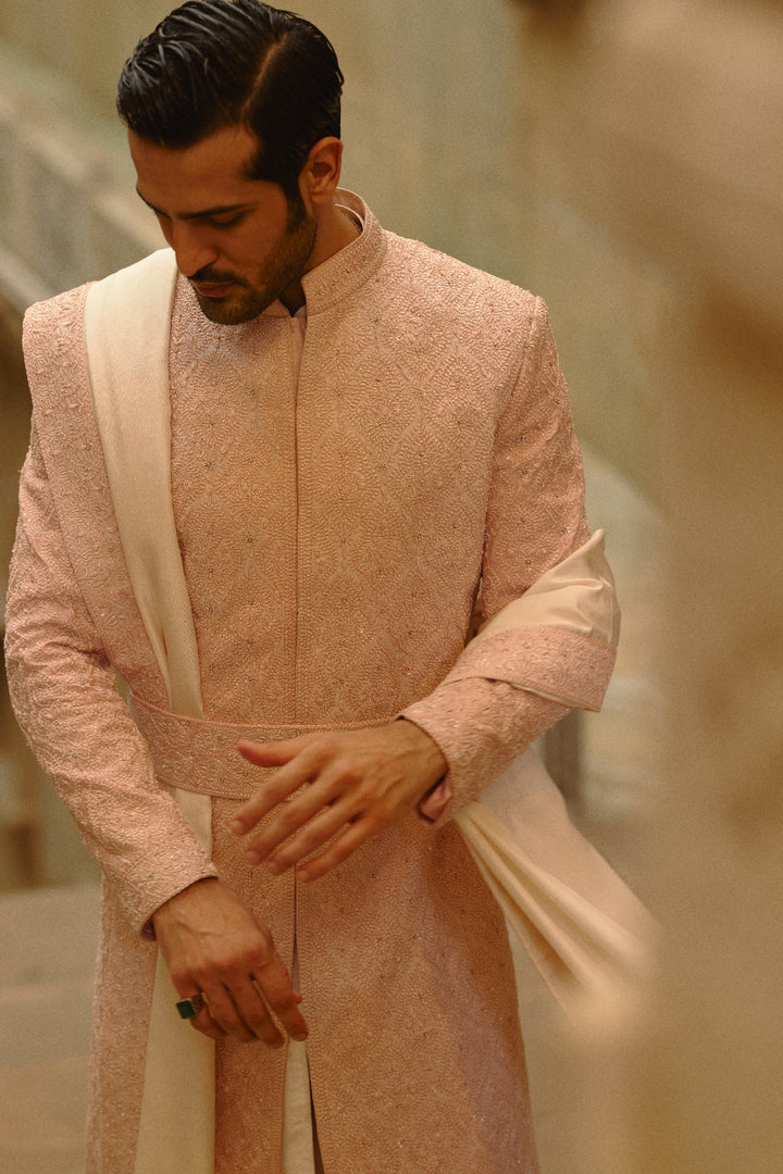 Blush Pink Tafetta Silk Sherwani Set