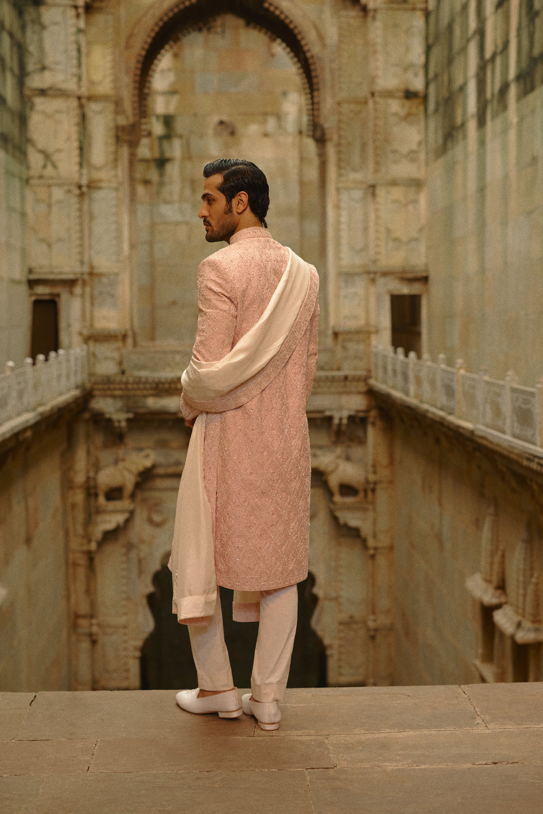 Blush Pink Tafetta Silk Sherwani Set