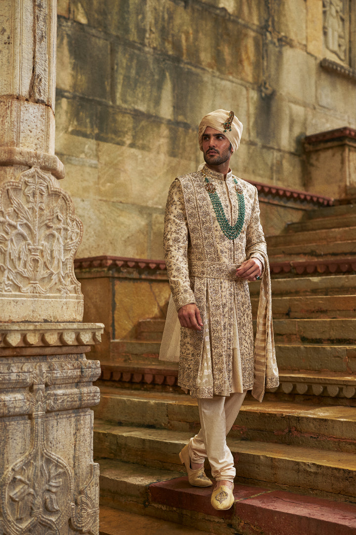 Cream Taffeta Sherwani Applique And Zardozi Jaal Set