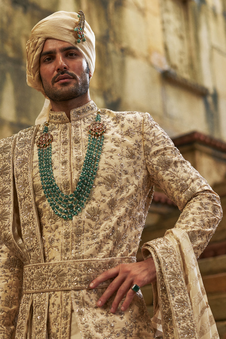 Cream Taffeta Sherwani Applique And Zardozi Jaal Set