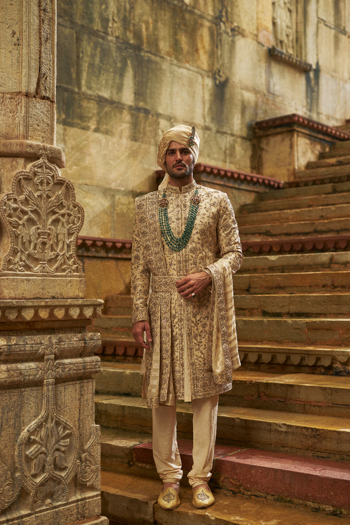 Cream Taffeta Sherwani Applique And Zardozi Jaal Set