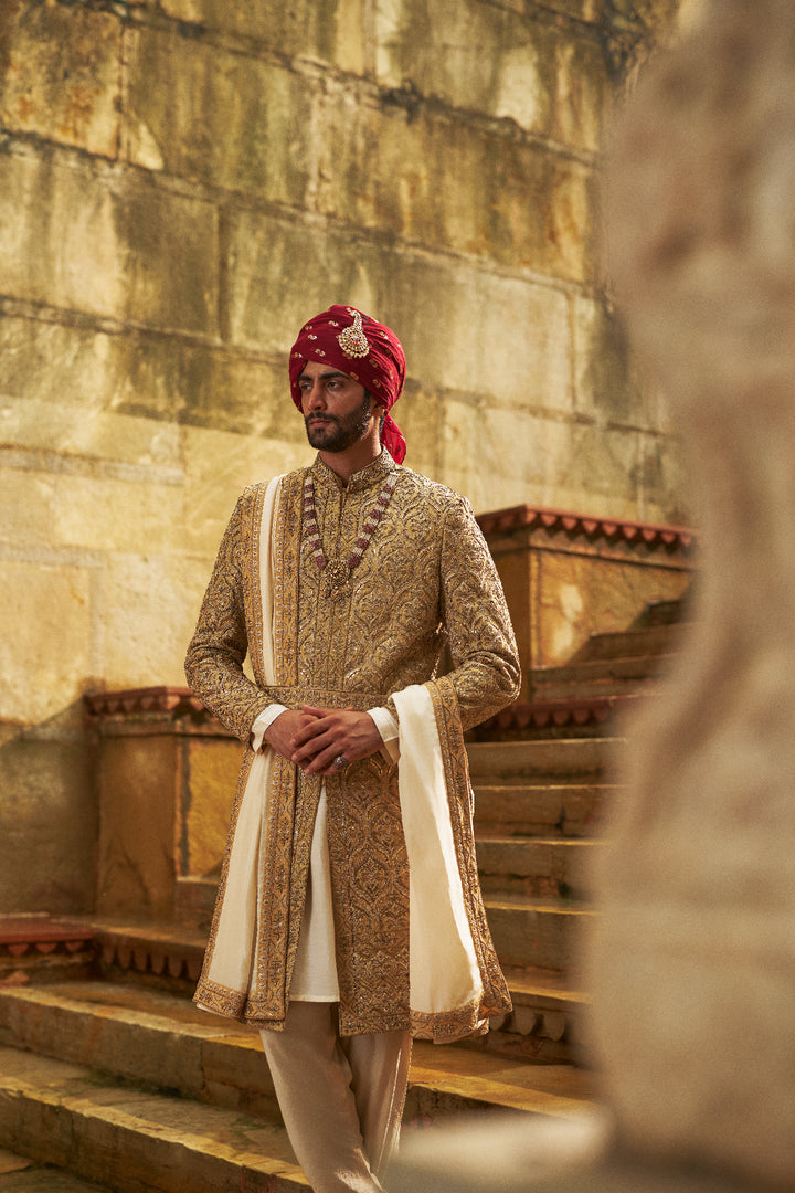 Gold Dupion Silk Sherwani Set
