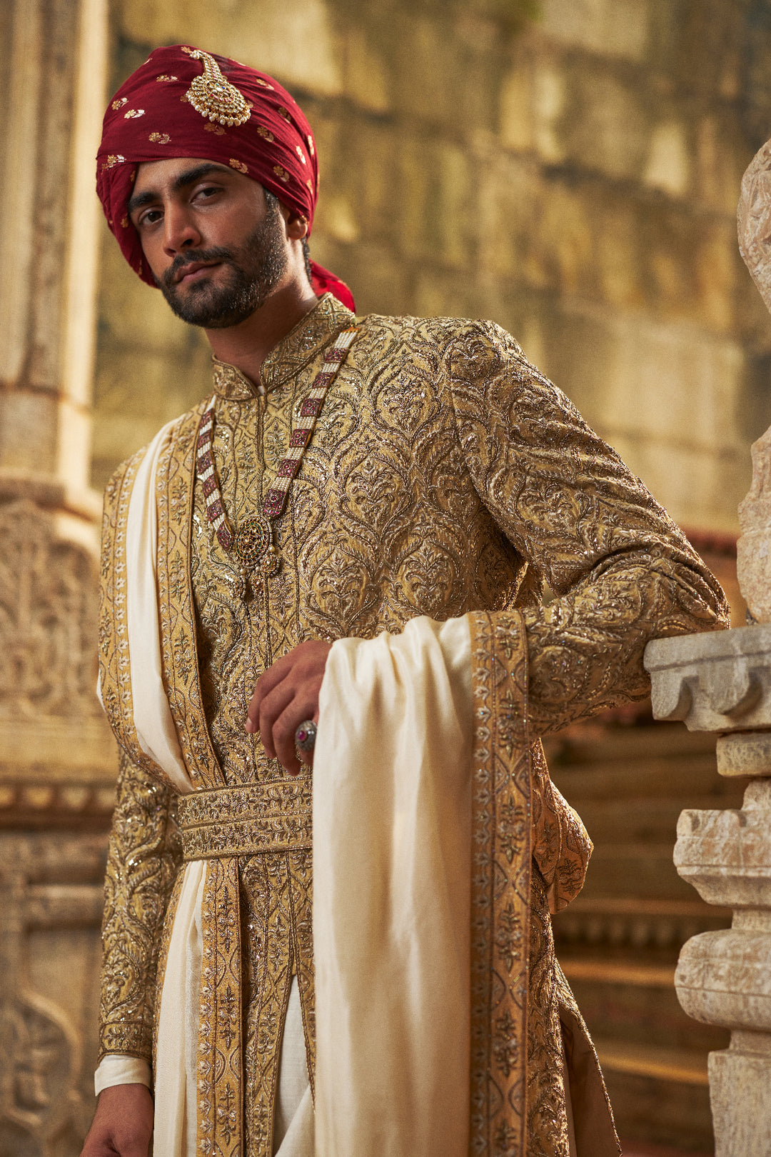 Gold Dupion Silk Sherwani Set