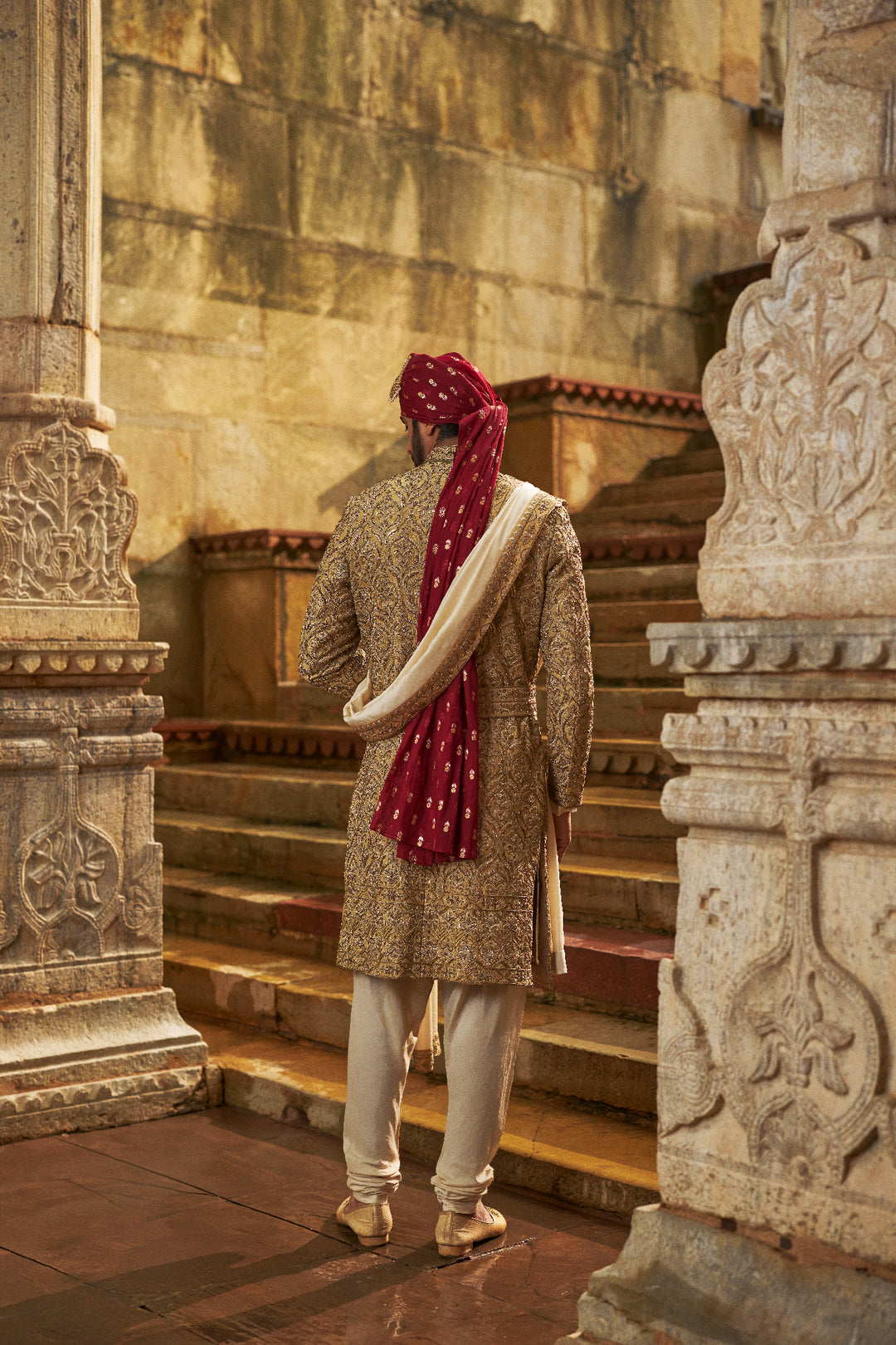 Gold Dupion Silk Sherwani Set