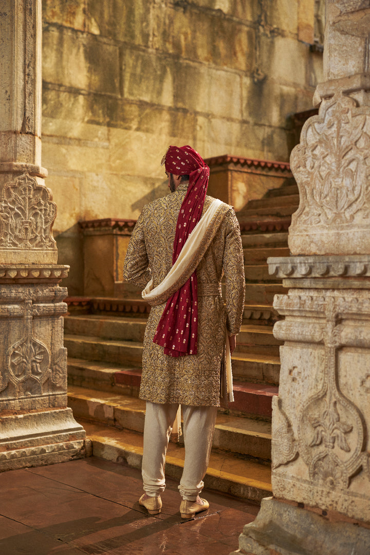 Gold Dupion Silk Sherwani Set