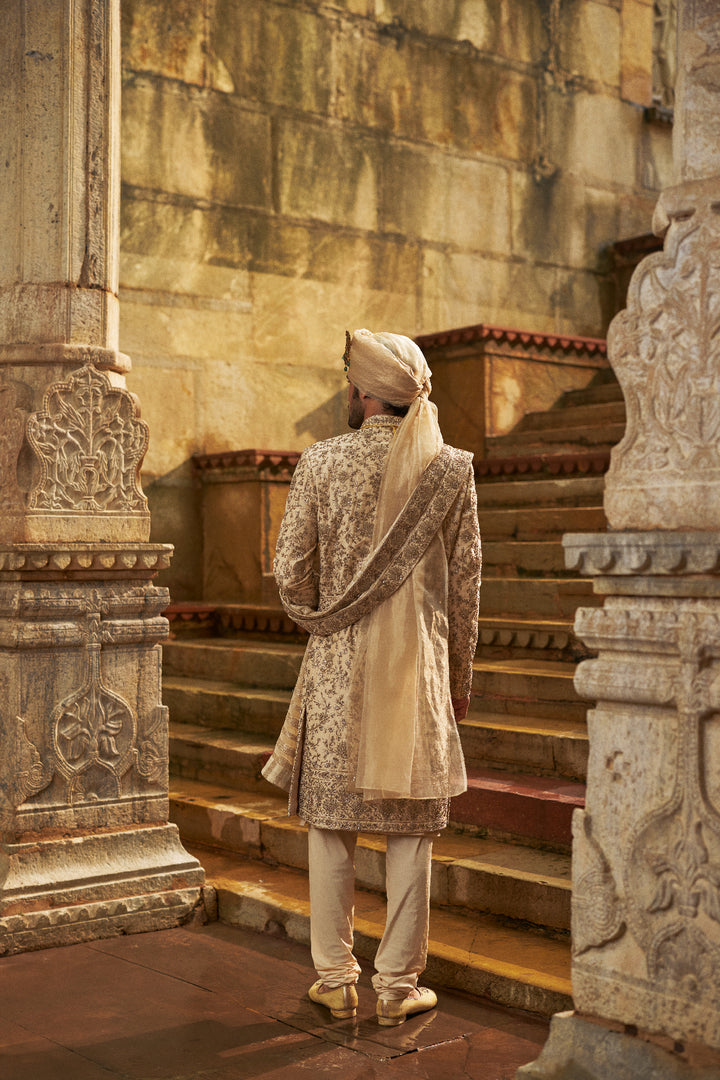 Cream Taffeta Sherwani Applique And Zardozi Jaal Set