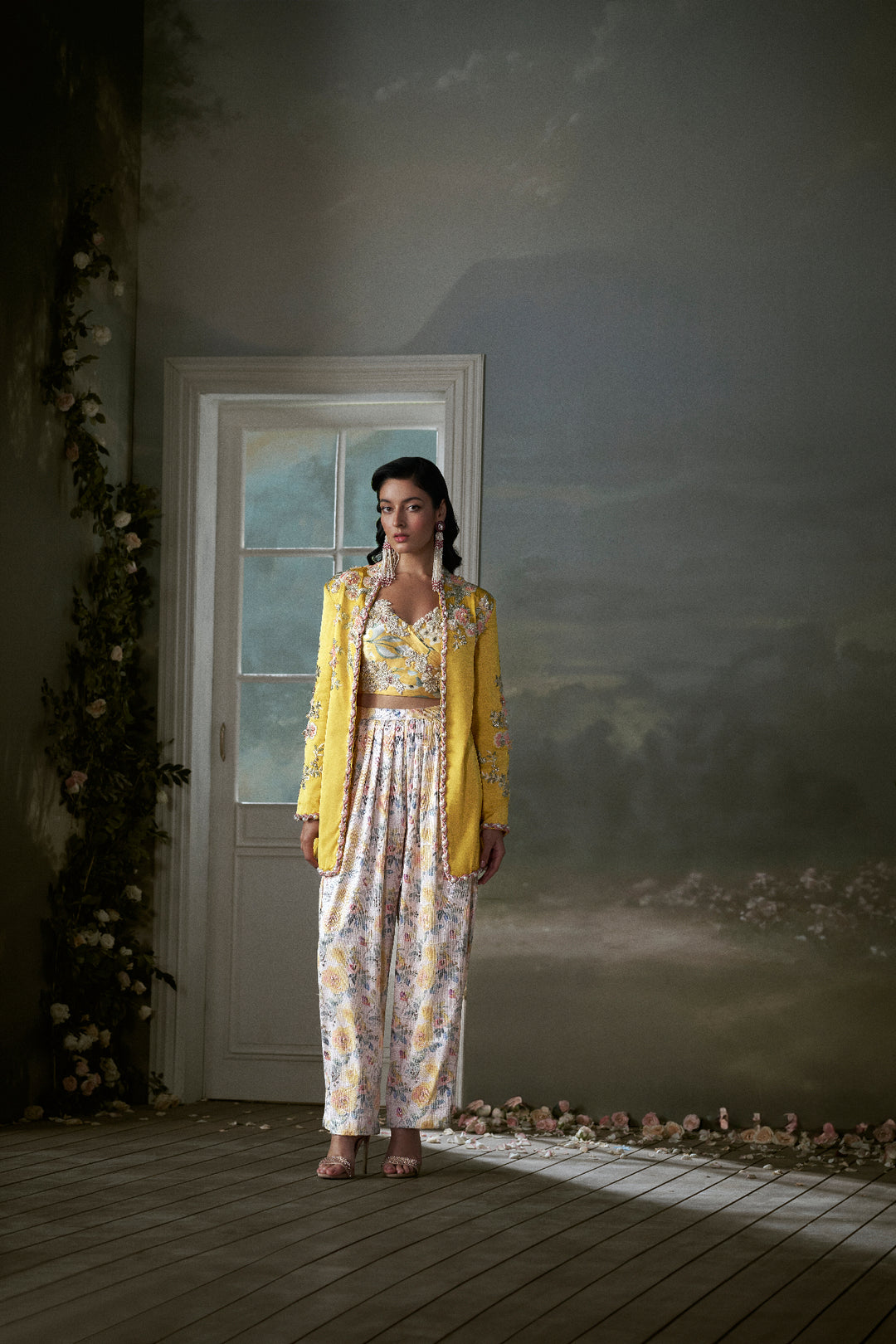 Yellow Jacket Trouser Set With Corset Top