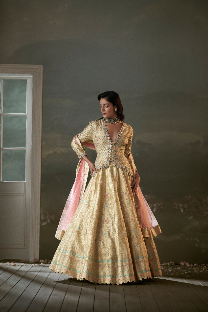 Gold Woven Benarsi Silk Lehenga With Blouse And Dupatta