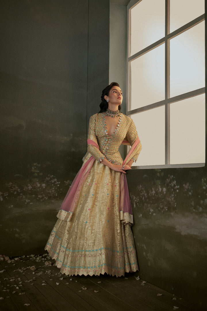 Gold Woven Benarsi Silk Lehenga With Blouse And Dupatta