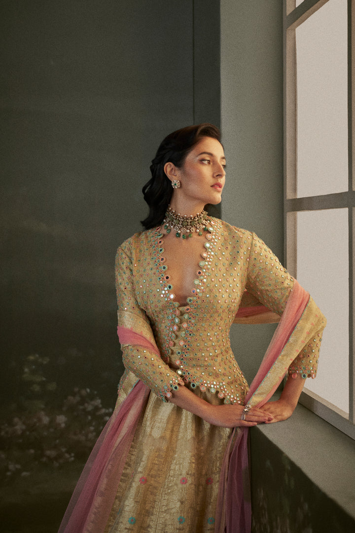 Gold Woven Benarsi Silk Lehenga With Blouse And Dupatta