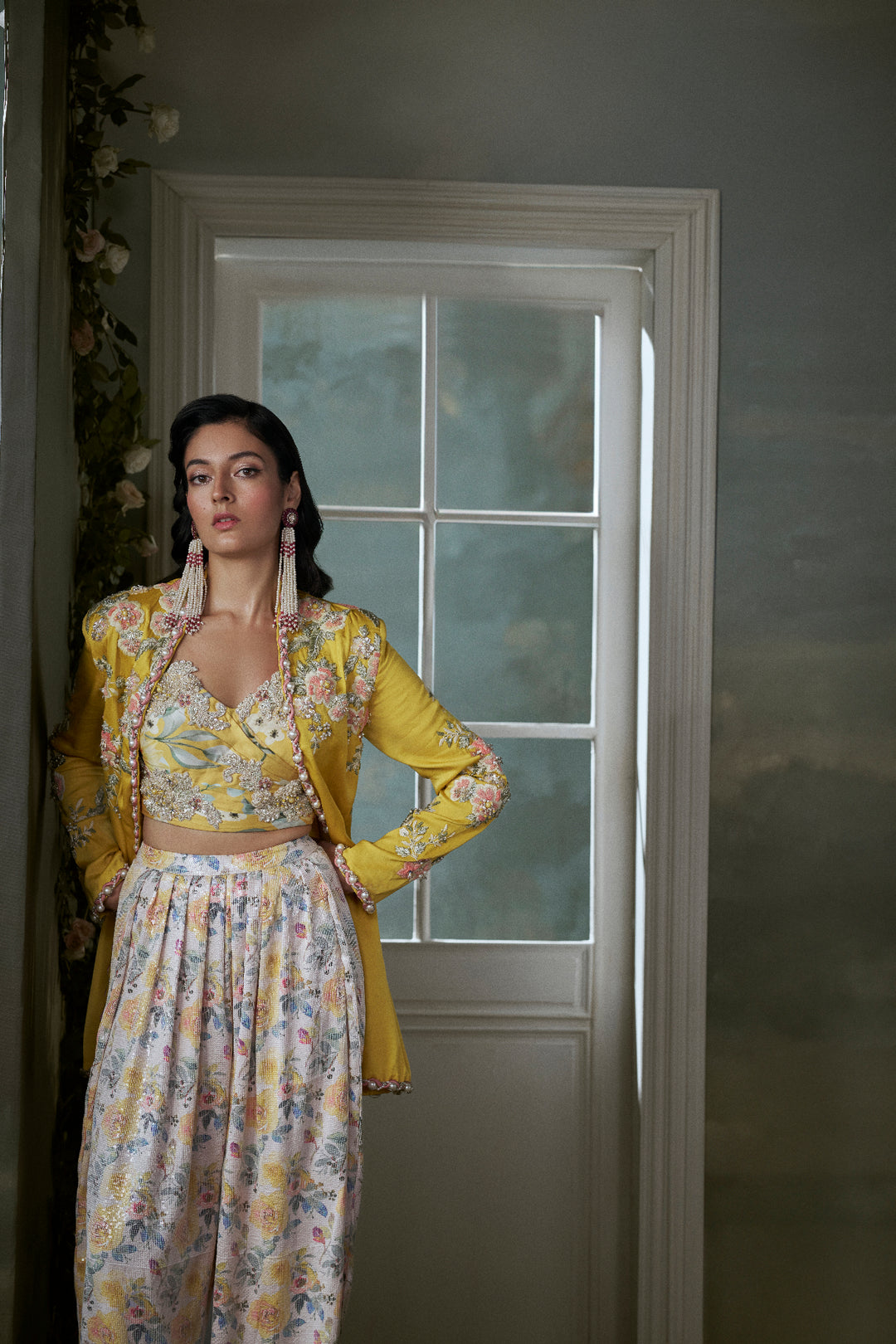Yellow Jacket Trouser Set With Corset Top