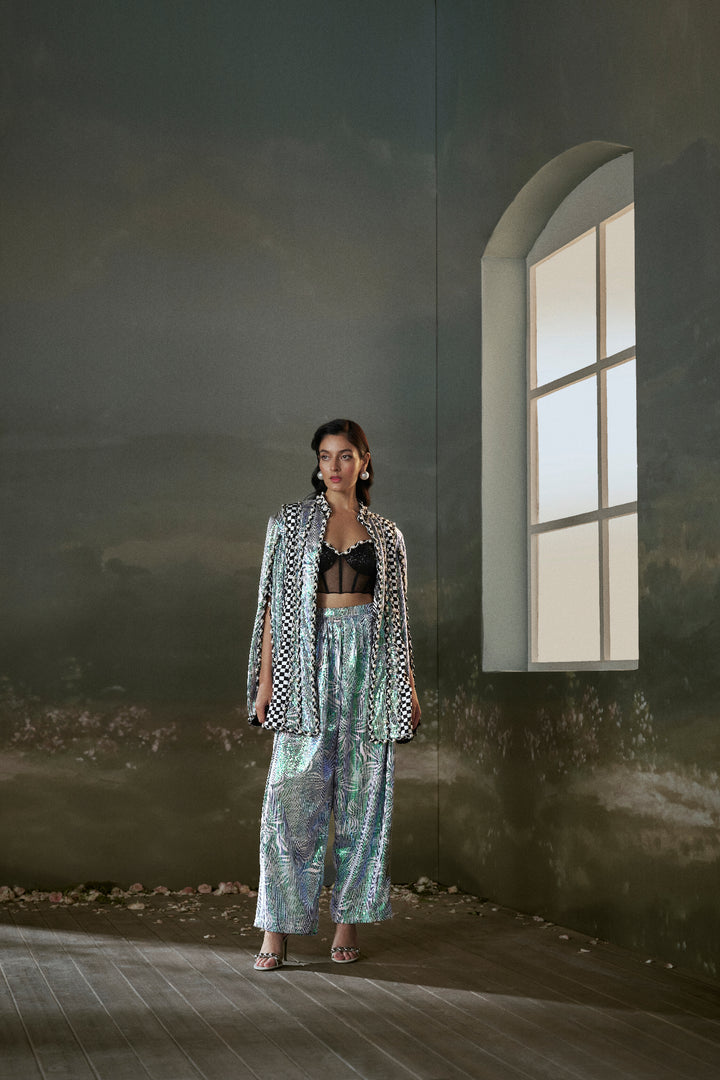 Printed Metallic Jacket Trouser Set With Corset